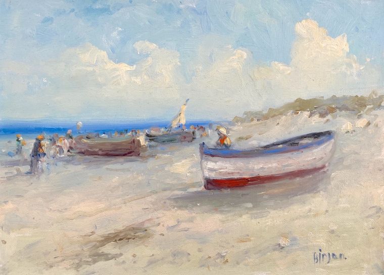 Boats on the Shore, Original oil Painting, Museum Quality, One of a Kind         